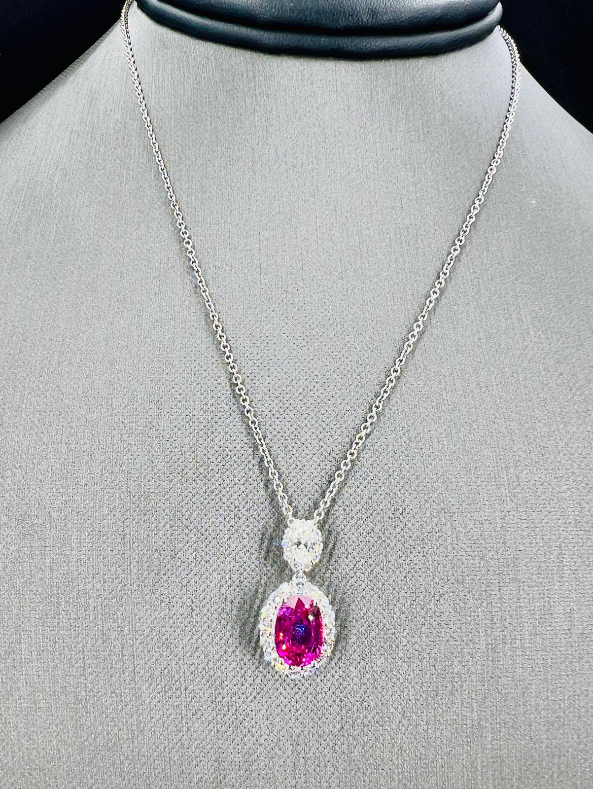 Natural Mined Ruby and Diamond Halo Pendant White Gold GIA