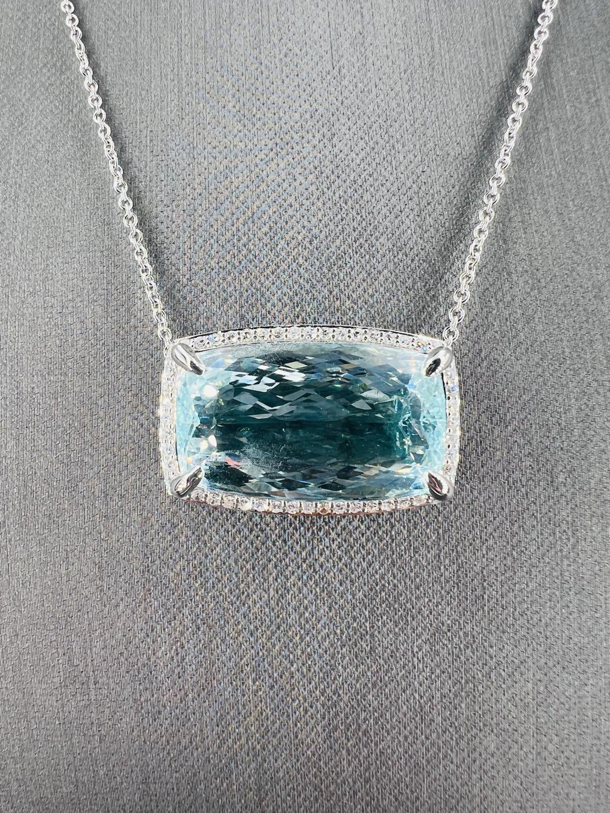 Natural Aquamarine with Diamond Halo Cocktail Platinum Necklac