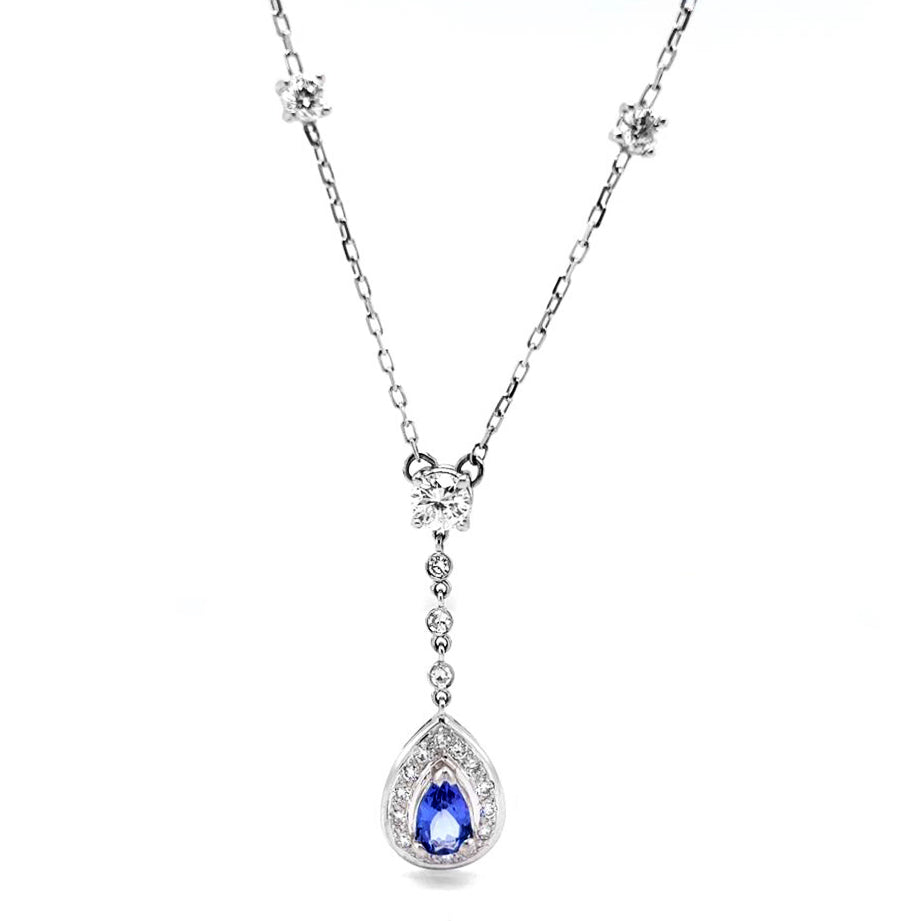 Natural Pear Shaped Tanzanite Diamond Halo Cocktail Necklace Pendant White Gold