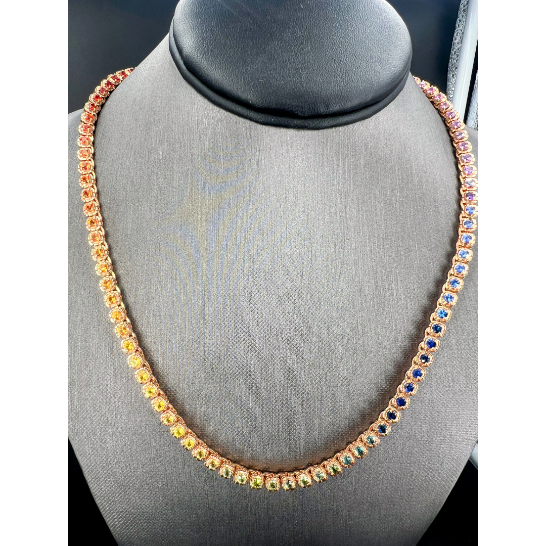 14.85 ct.t.w. Natural Sapphire & Rubies Tennis Necklace, in Rose Gold