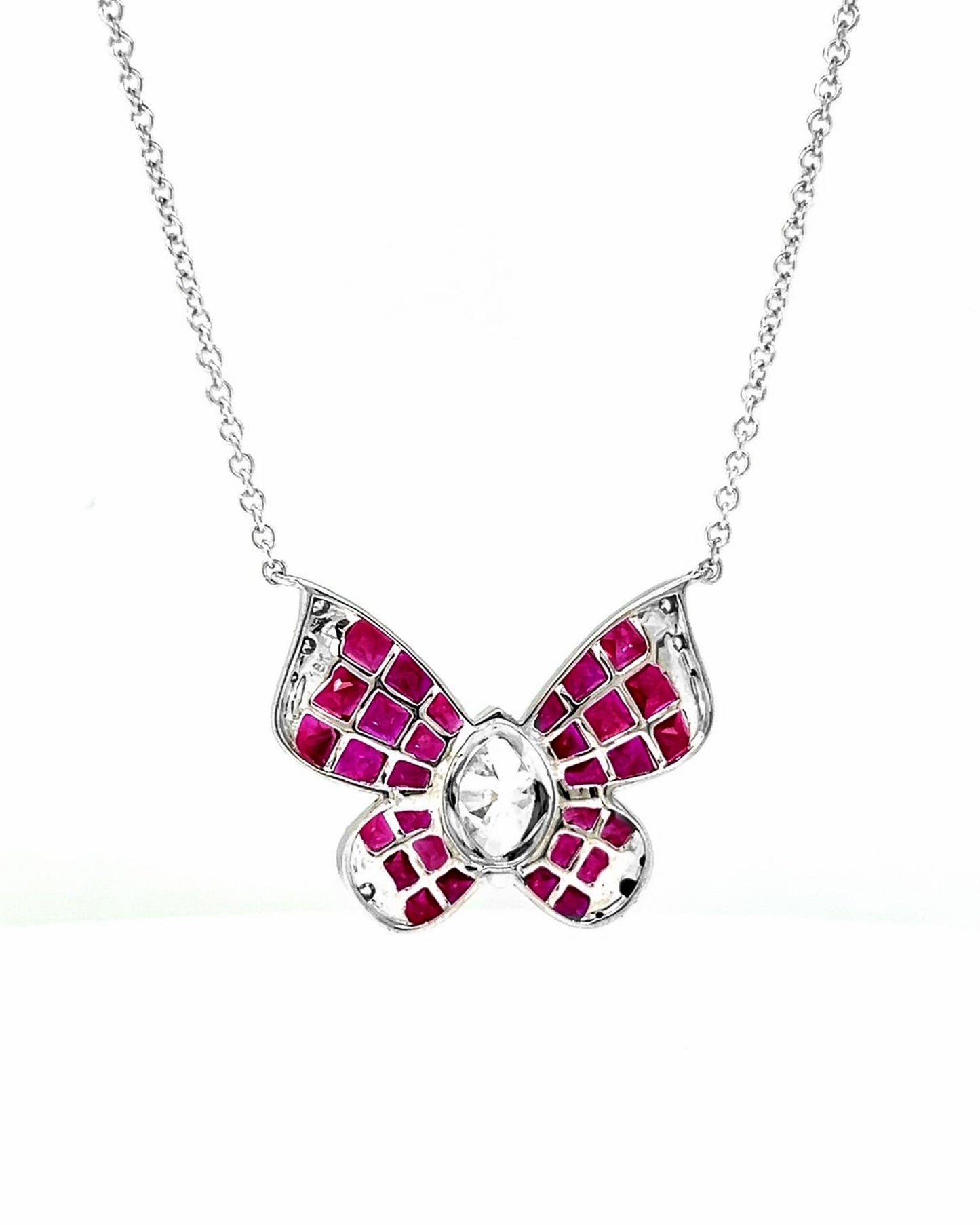 Natural Mined Marquise Cut Diamonds and Rubies Butterfly Pendant White Gold GIA Certified