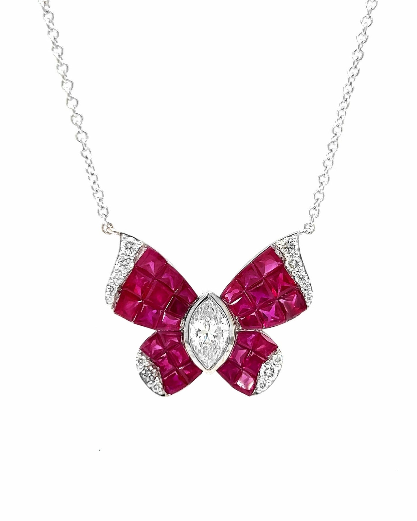Natural Marquise Cut Diamonds and Rubies Butterfly Pendant Necklace, in White Gold