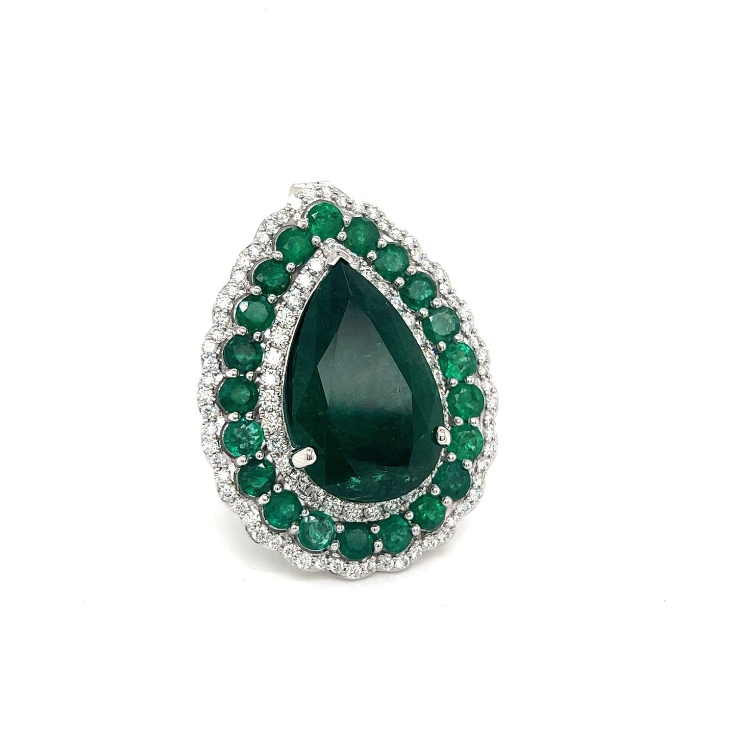 Natural Green Emerald with Diamond Halo Convertible to Pendant Ring, in White Gold