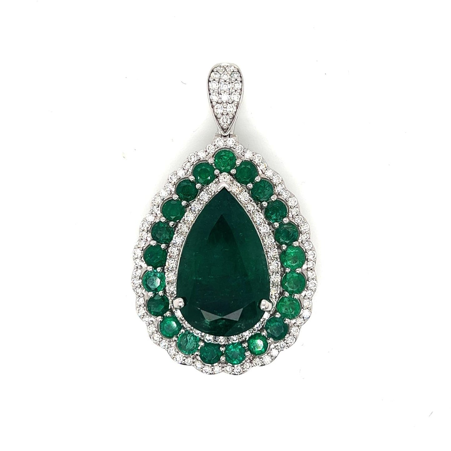 Natural Green Emerald with Diamond Halo Convertible to Pendant Ring, in White Gold