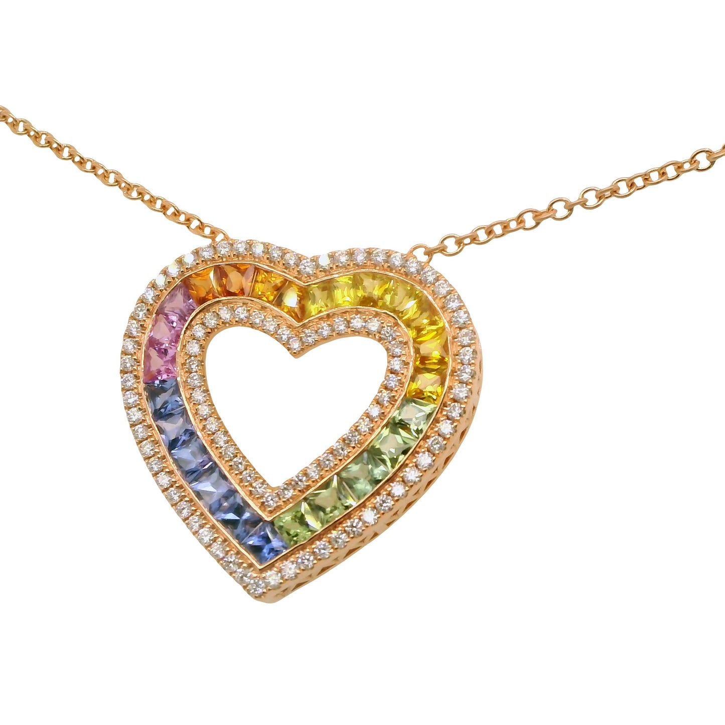 Muti-Colored Natural Sapphires and Diamonds Heart Shape Cocktail Pendant, in Rose Gold