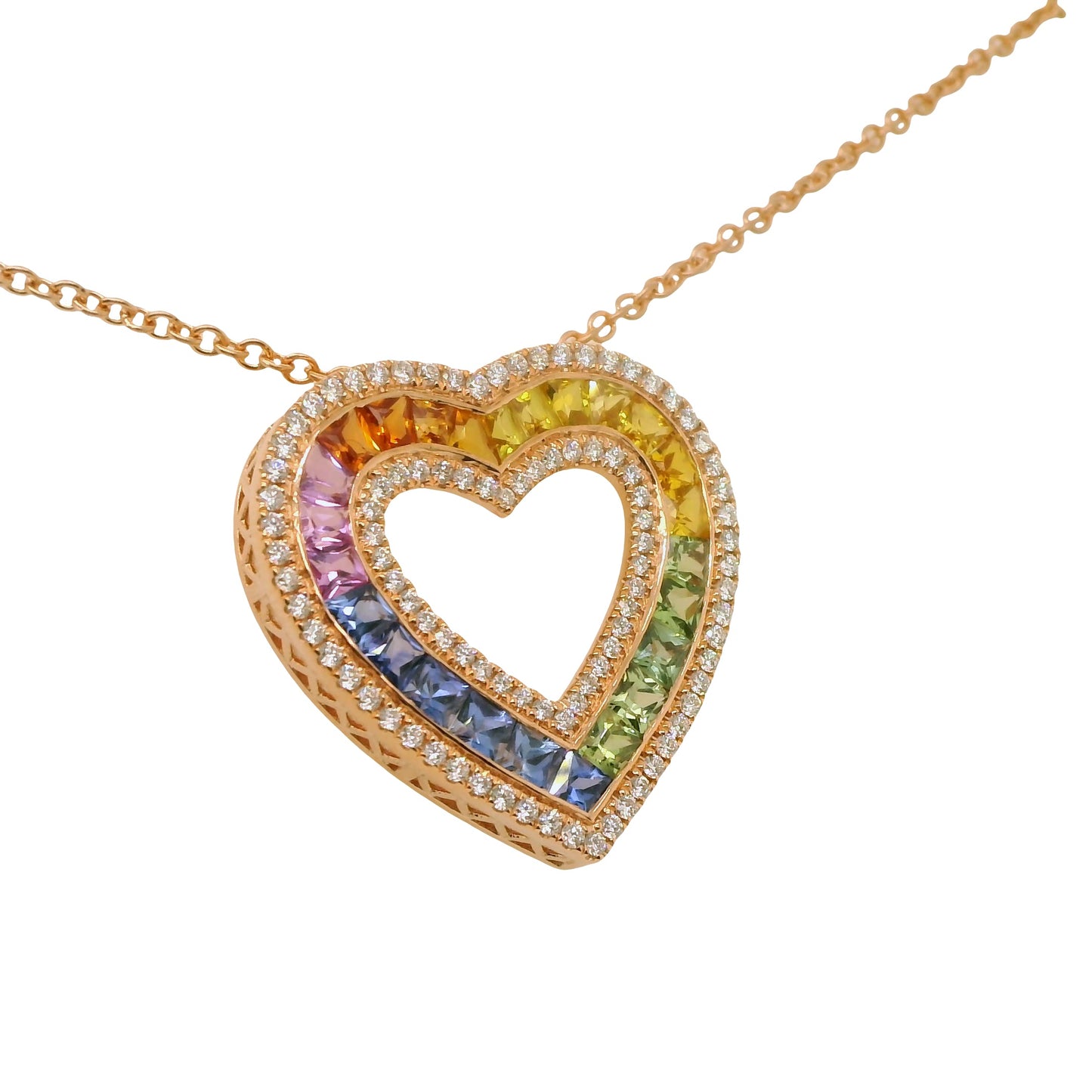 Muti-Colored Natural Sapphires and Diamonds Heart Shape Cocktail Pendant, in Rose Gold