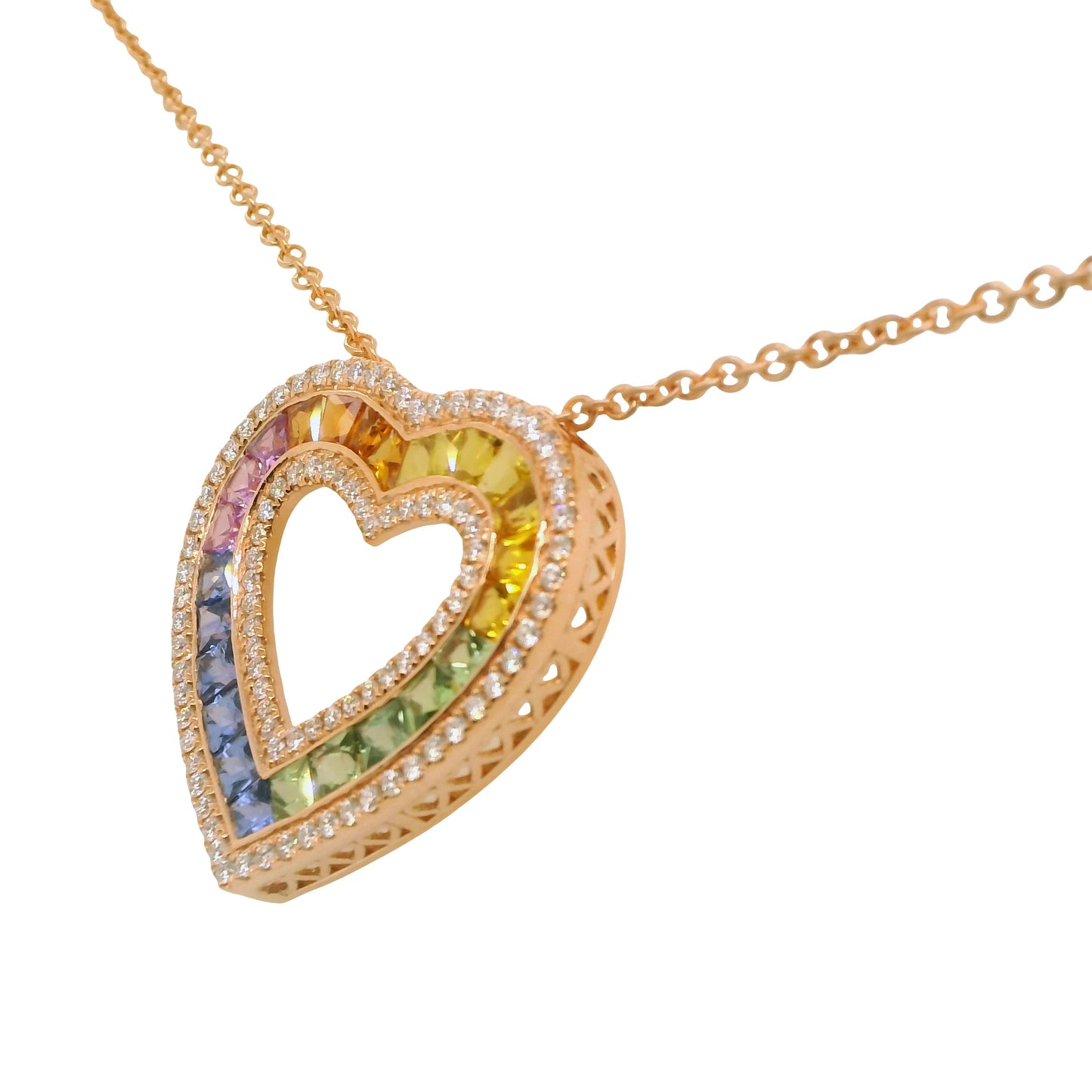 Muti-Colored Natural Sapphires and Diamonds Heart Shape Cocktail Pendant, in Rose Gold