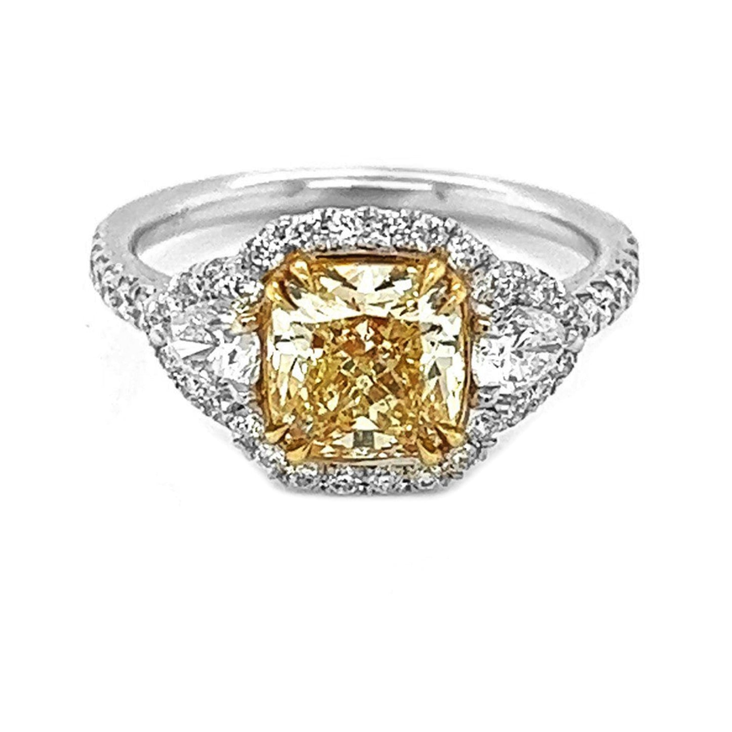 Natural Fancy Light Yellow Diamond Halo 3 Stone Ring, in White Gold