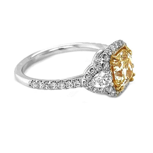Natural Fancy Light Yellow Diamond Halo 3 Stone Ring, in White Gold