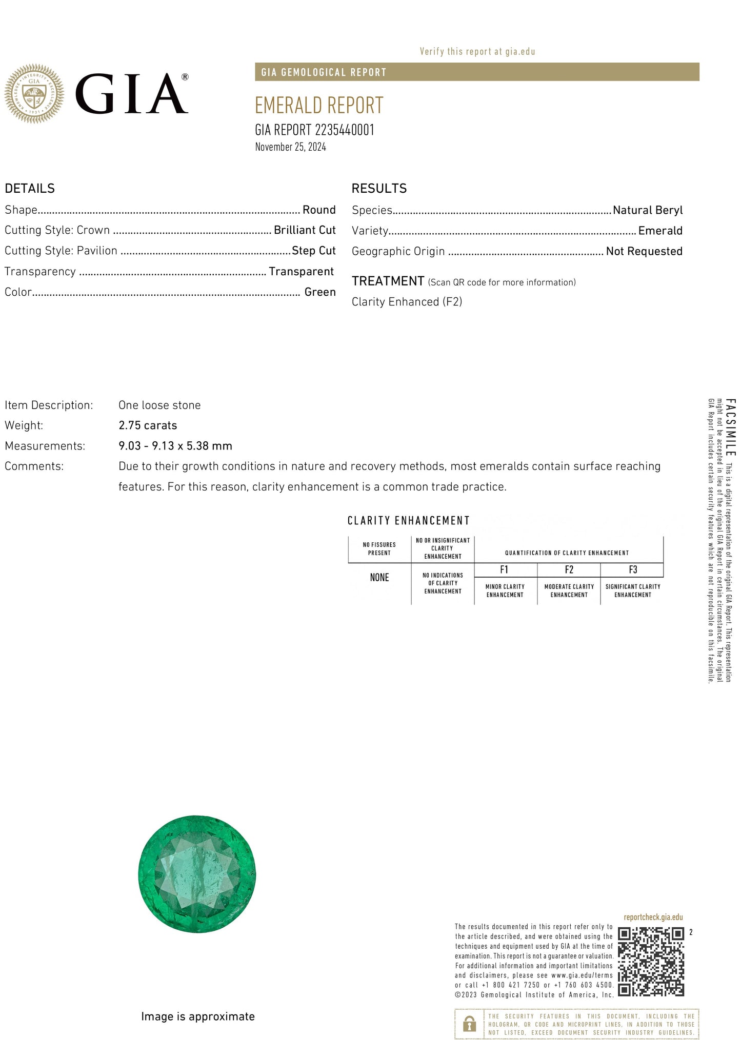 2.75 Carat Round Cut F2 Zambian Emerald GIA 2235440001
