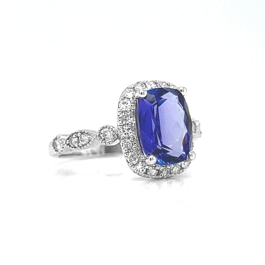 Natural Tanzanite Diamond Halo Cocktail Art Deco Ring, in White Gold