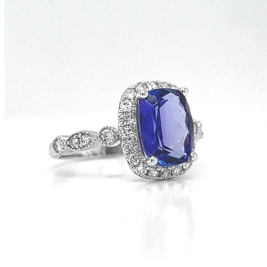 Natural Tanzanite and Diamond Halo Art Deco Cocktail Ring, in White Gold