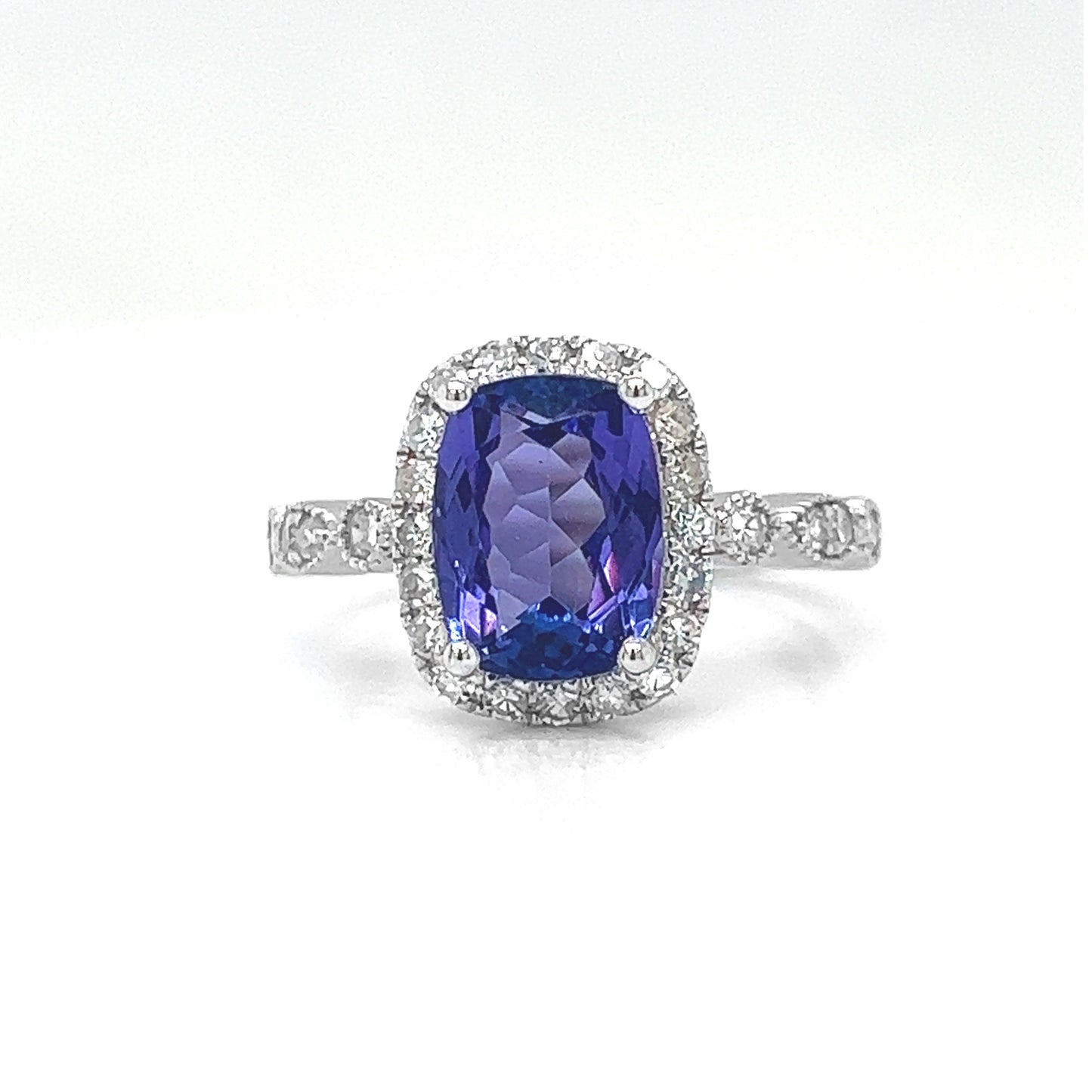Natural Tanzanite and Diamond Halo Art Deco Cocktail Ring, in White Gold