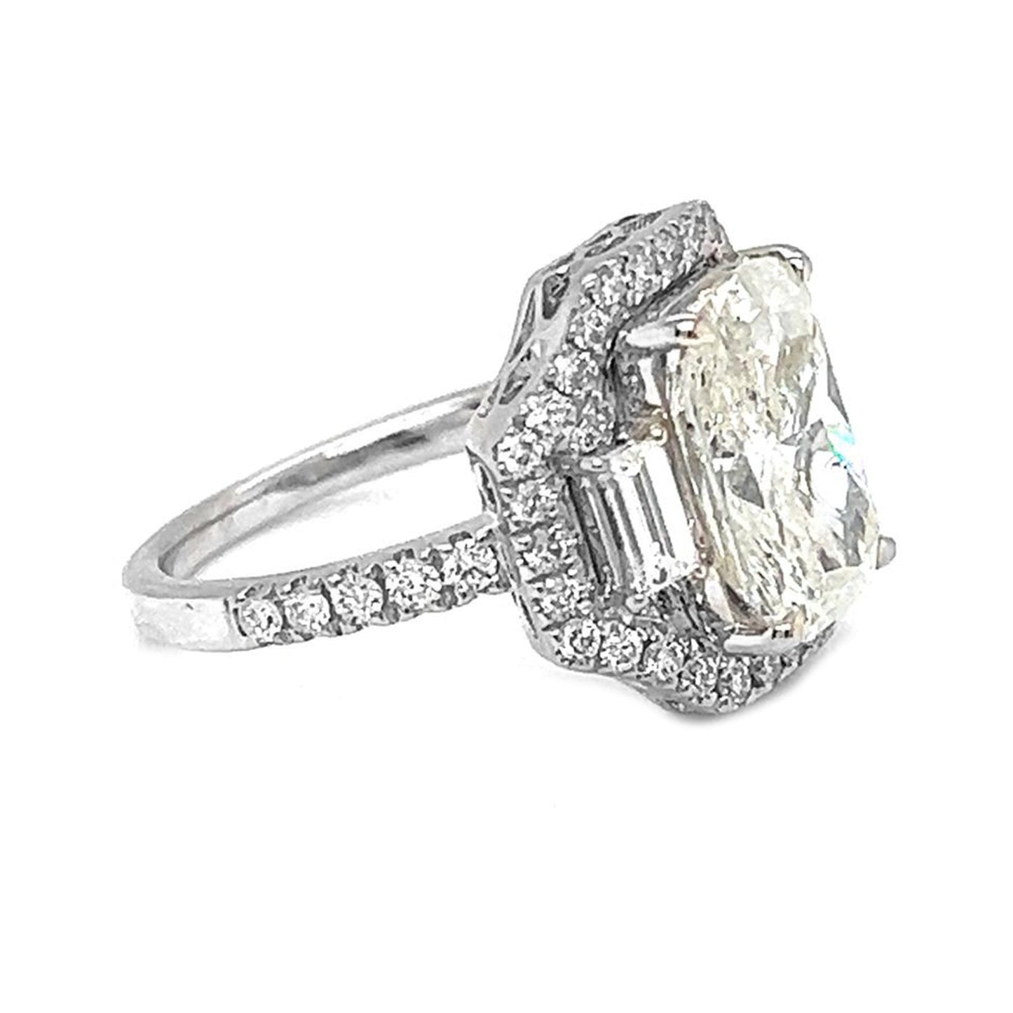Natural Cushion Cut Diamond Halo 3 Stone Ring, in White Gold