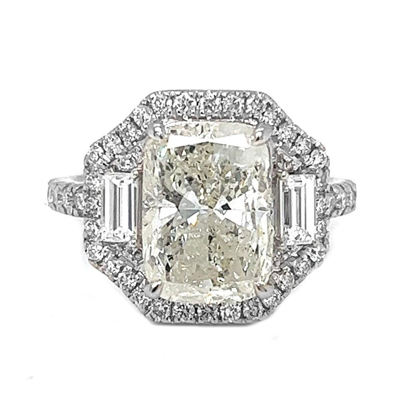 Natural Cushion Cut Diamond Halo 3 Stone Ring, in White Gold