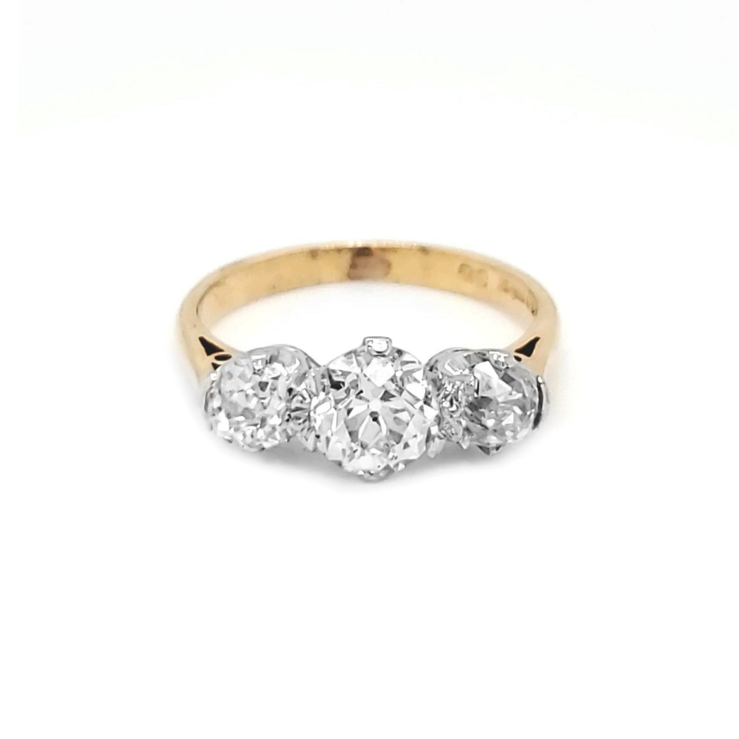 Vintage 3 Stone Ring with Natural European Cut Diamond Art Deco, in Yellow Gold -Pre-owned