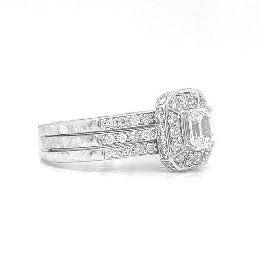 Natural Emerald Cut Diamond Halo Wedding Ring, in White Gold - Pre-owned