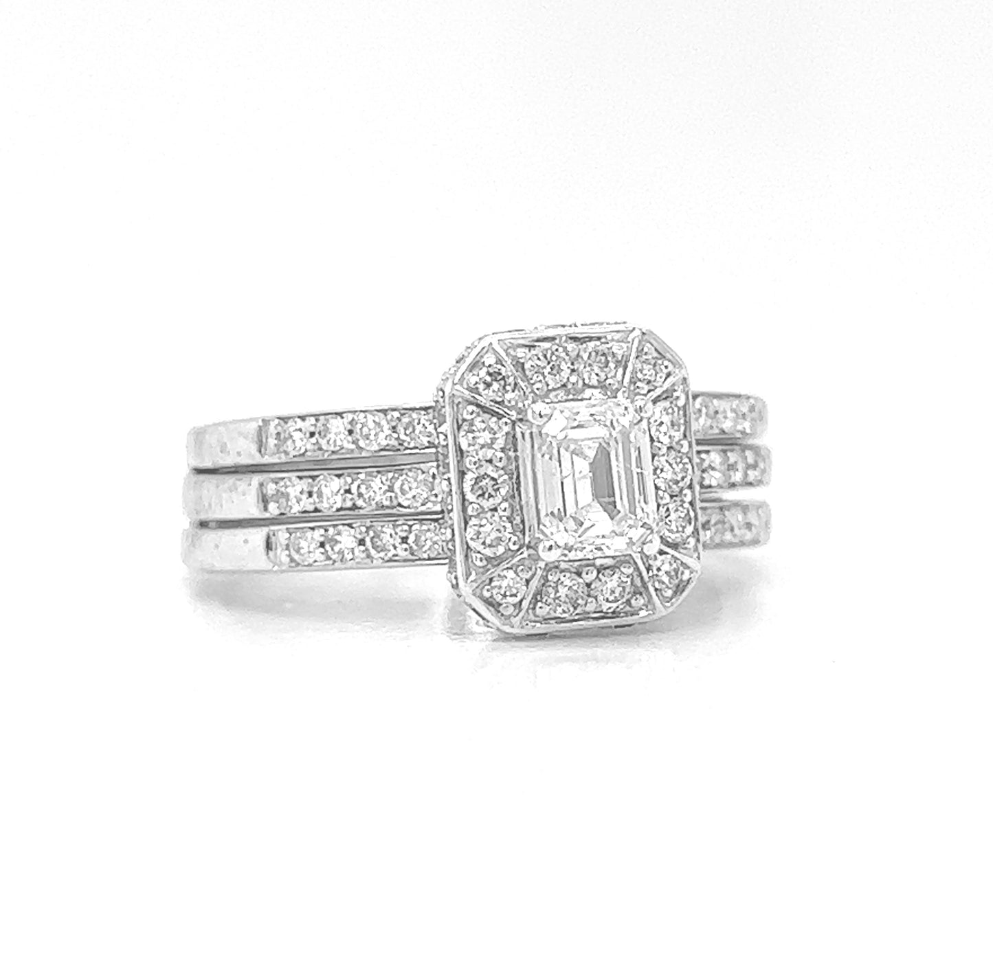 Natural Emerald Cut Diamond Halo Wedding Ring, in White Gold - Pre-owned