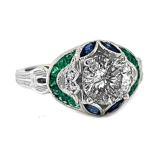 Natural Diamond and Gemstone Cluster Art Deco Ring, in White Gold