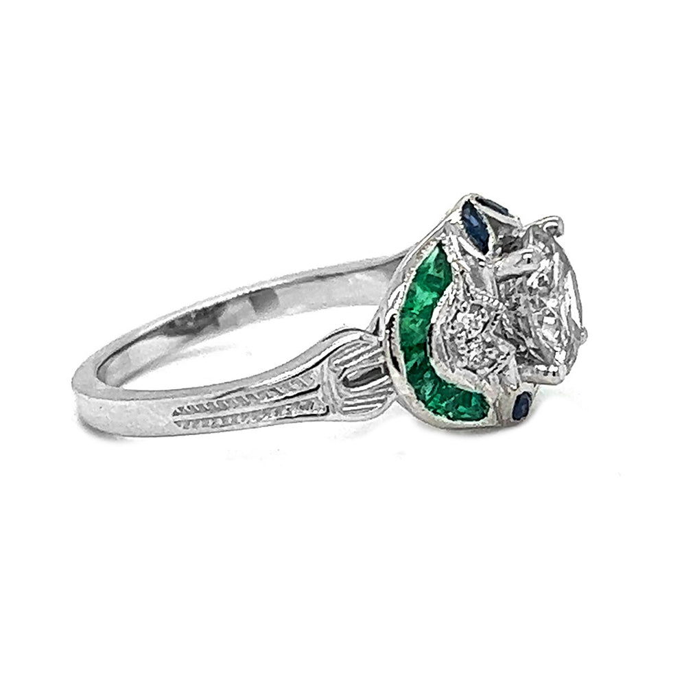 Natural Diamond and Gemstone Cluster Art Deco Ring, in White Gold