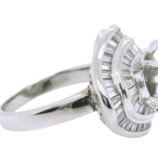 Semi Mount Oval or Cushion-shaped with Natural Baguette Diamond Halo Ring, in Platinum - Pre-owned