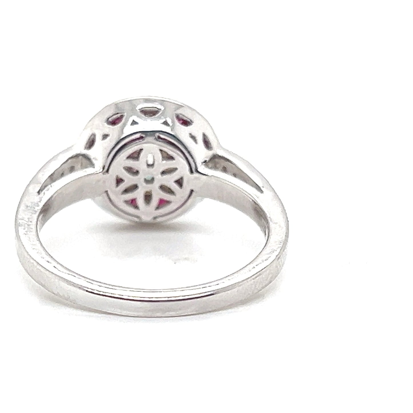 Natural Mined Diamond and Ruby Halo Cocktail Art Deco Ring White Gold