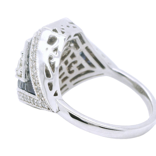 Natural Diamond and Sapphire Art Deco Bridal Cocktail Ring, in White Gold