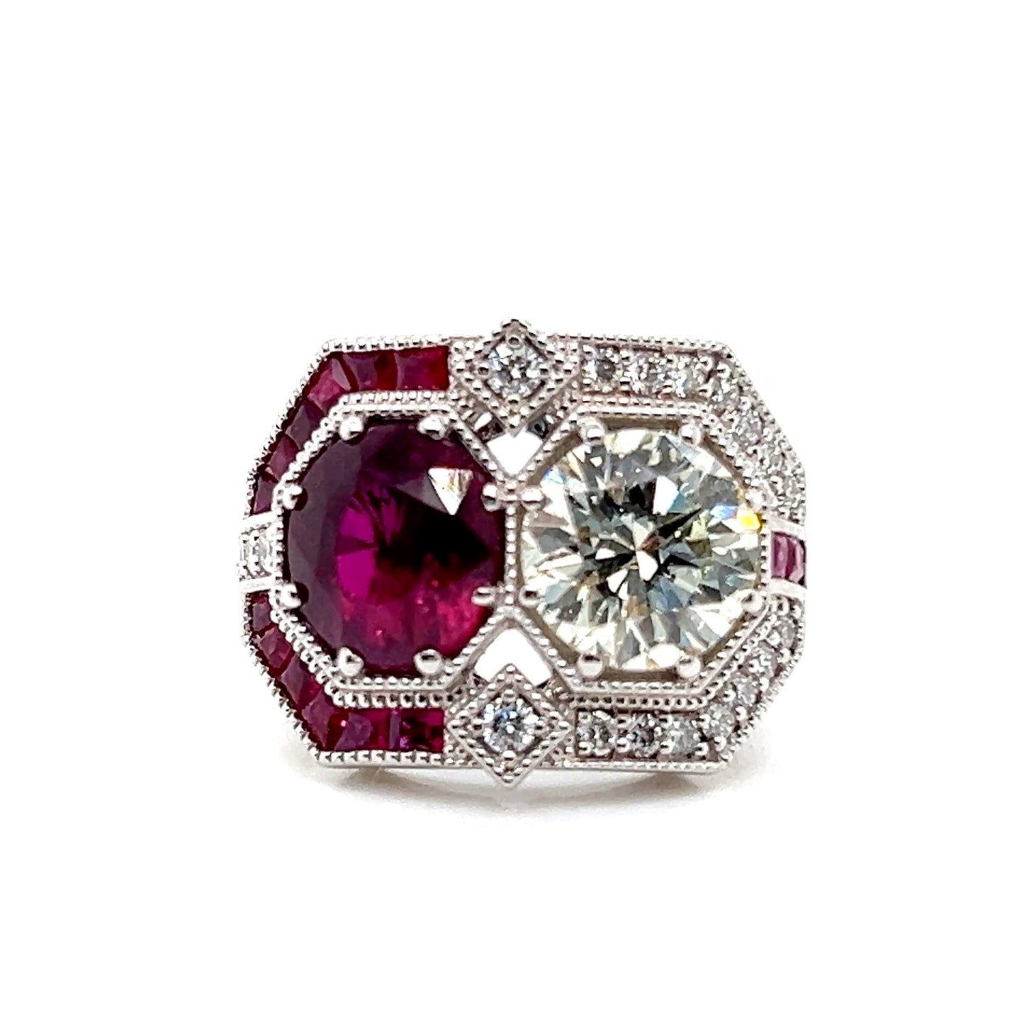 Natural Mined Diamond and Ruby Art Deco Cocktail Ring White Gold GIA Certified