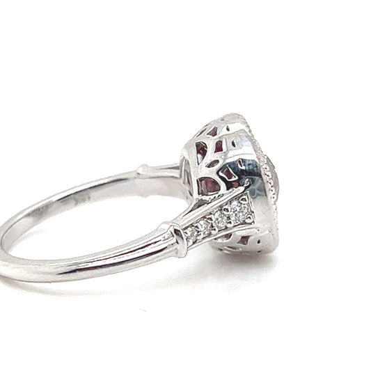 Natural Diamond and Ruby Halo Art Deco Ring, in White Gold