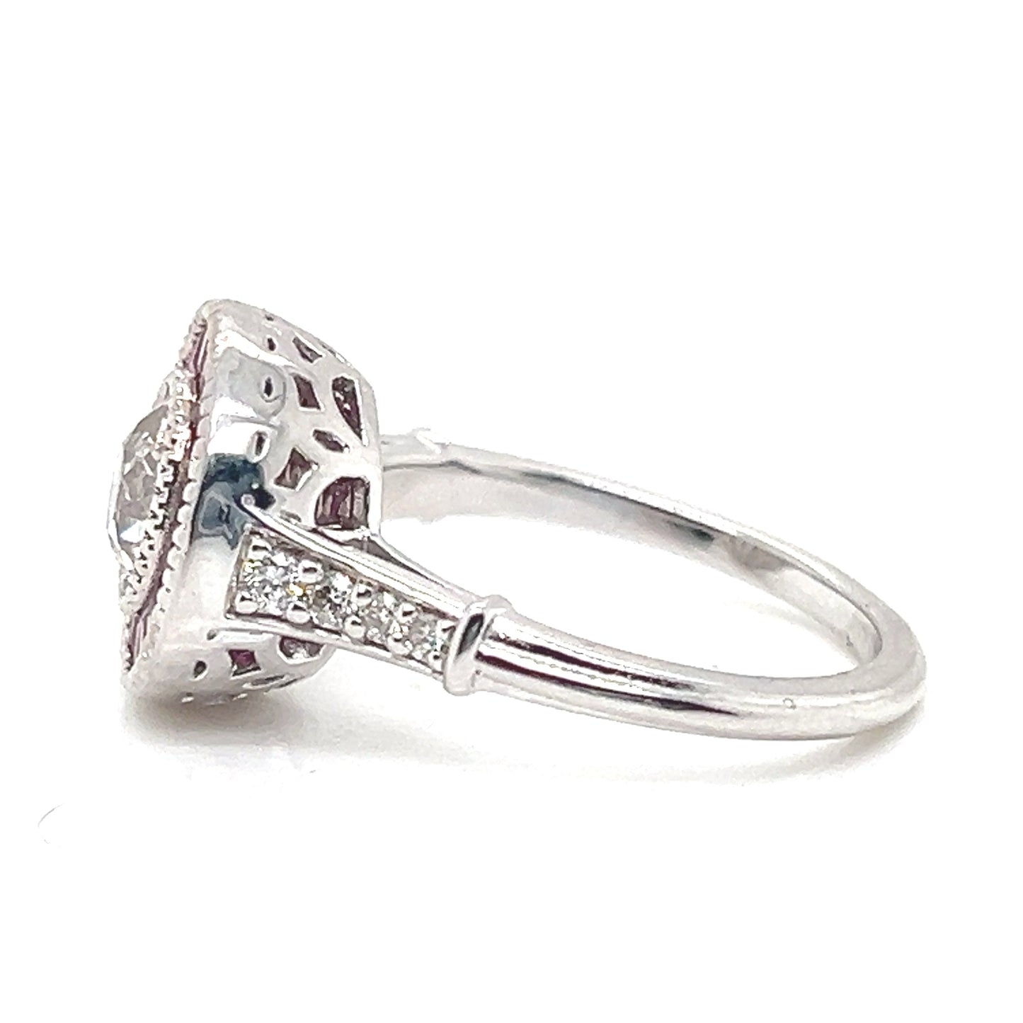 Natural Mined Diamond and Ruby Halo Art Deco Ring White Gold