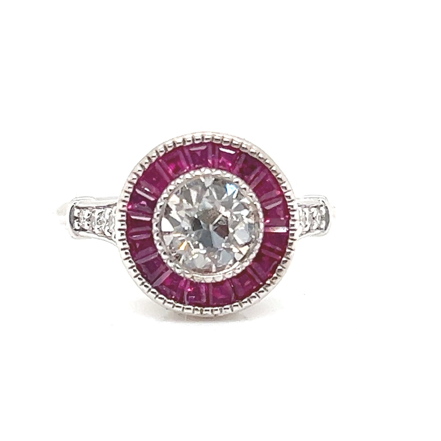 Natural Mined Diamond and Ruby Halo Art Deco Ring White Gold