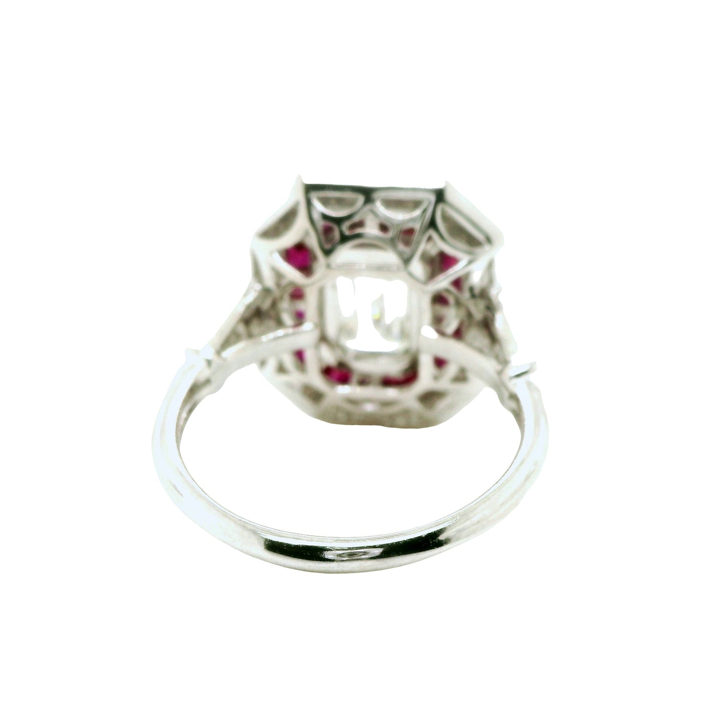 Natural Emerald Cut Diamond and Ruby Cocktail Ring, in White Gold