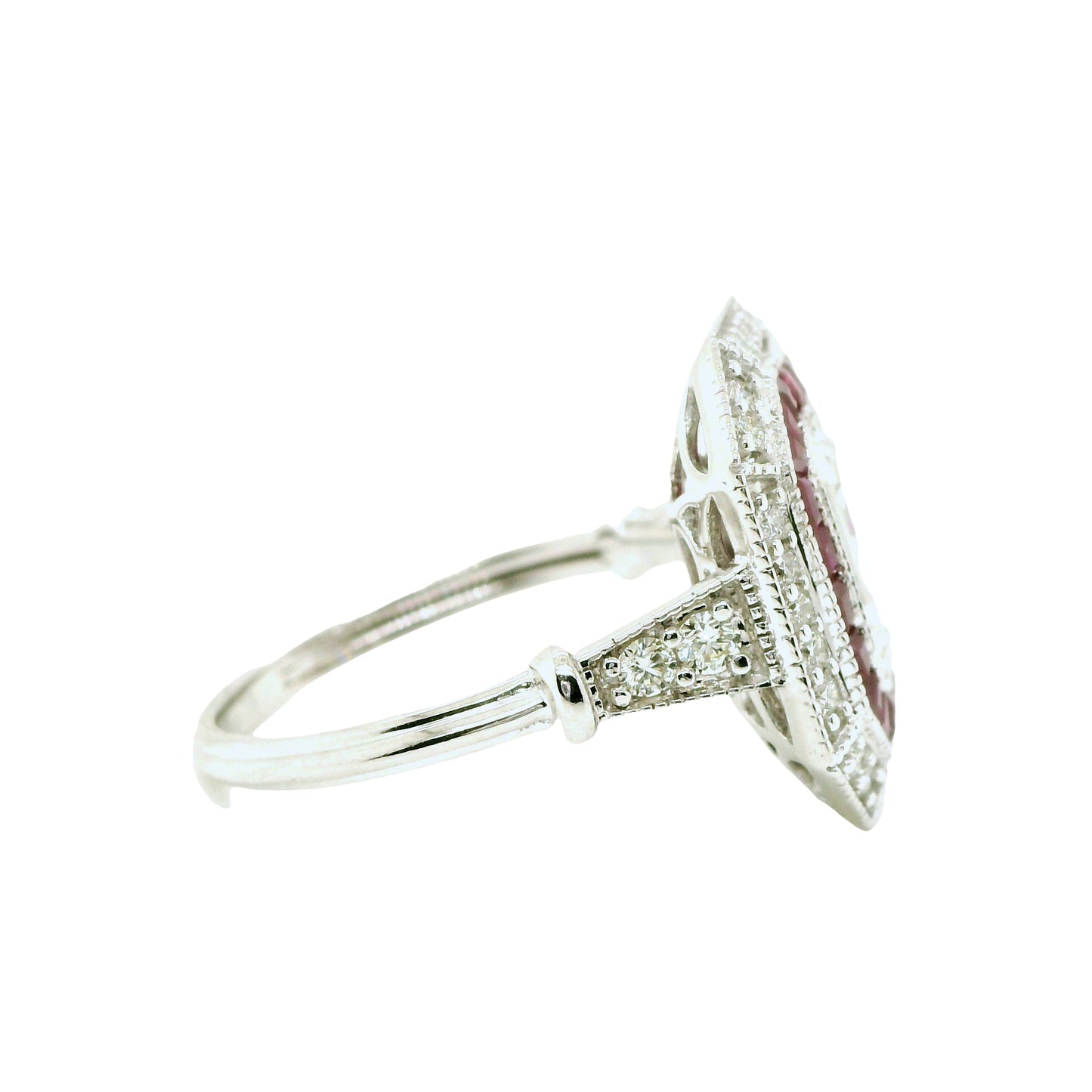 Natural Emerald Cut Diamond and Ruby Cocktail Ring, in White Gold