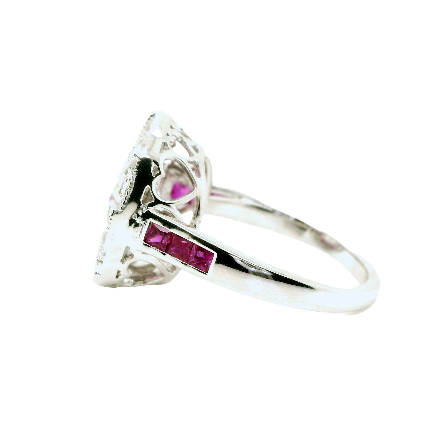 Natural Cushion Cut Diamond and Rubies Bridal Cocktail Ring, in White Gold