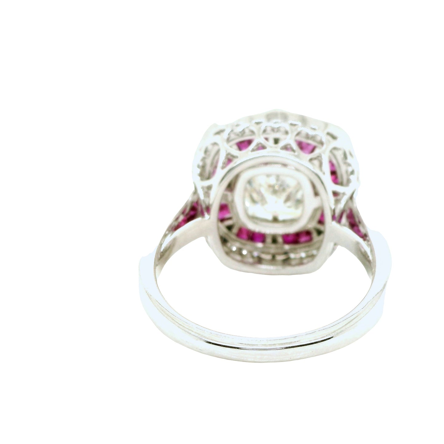 Natural Cushion Cut Diamond and Rubies Bridal Cocktail Ring, in White Gold