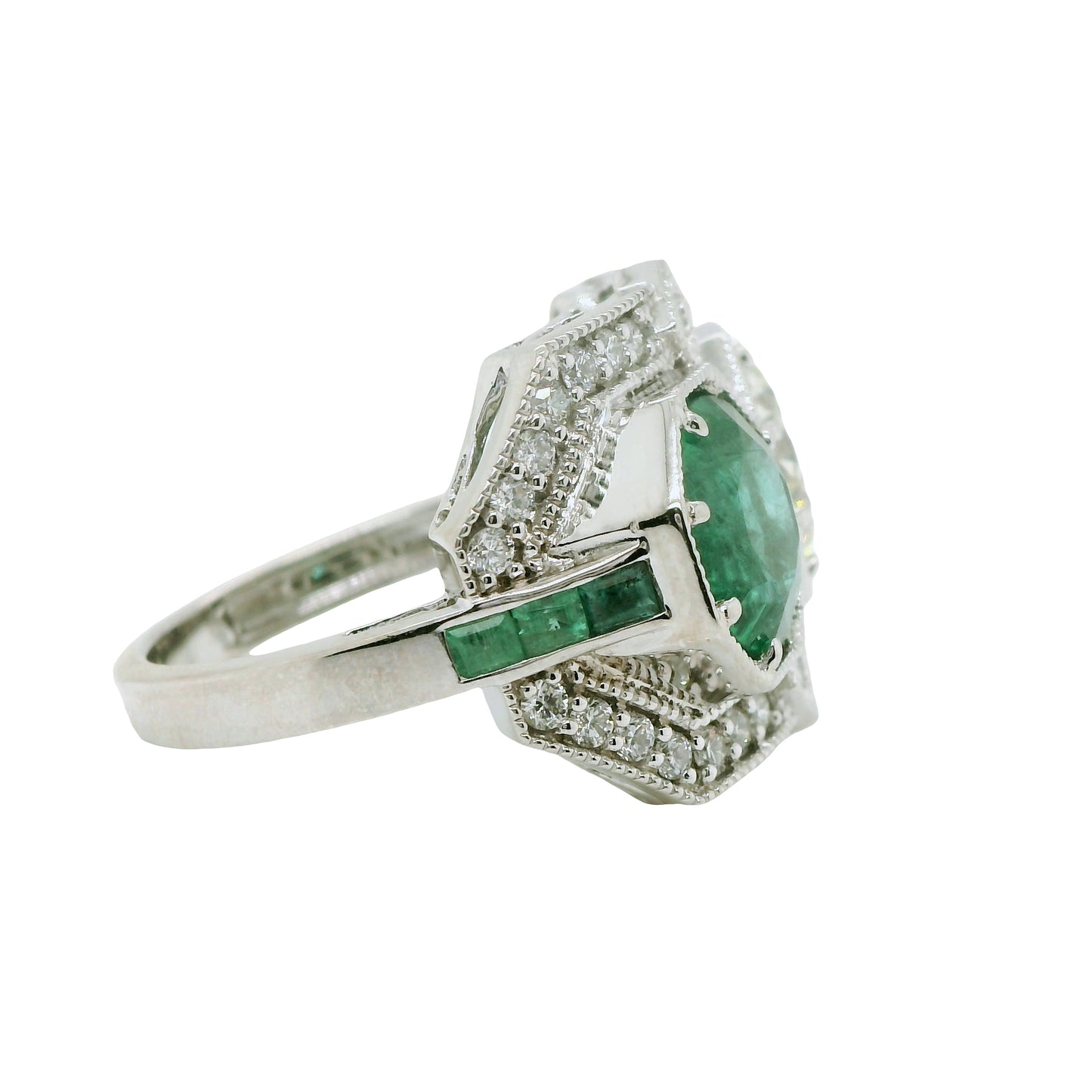 Natural Round Diamonds and Green Emeralds Cocktail Ring, in White Gold