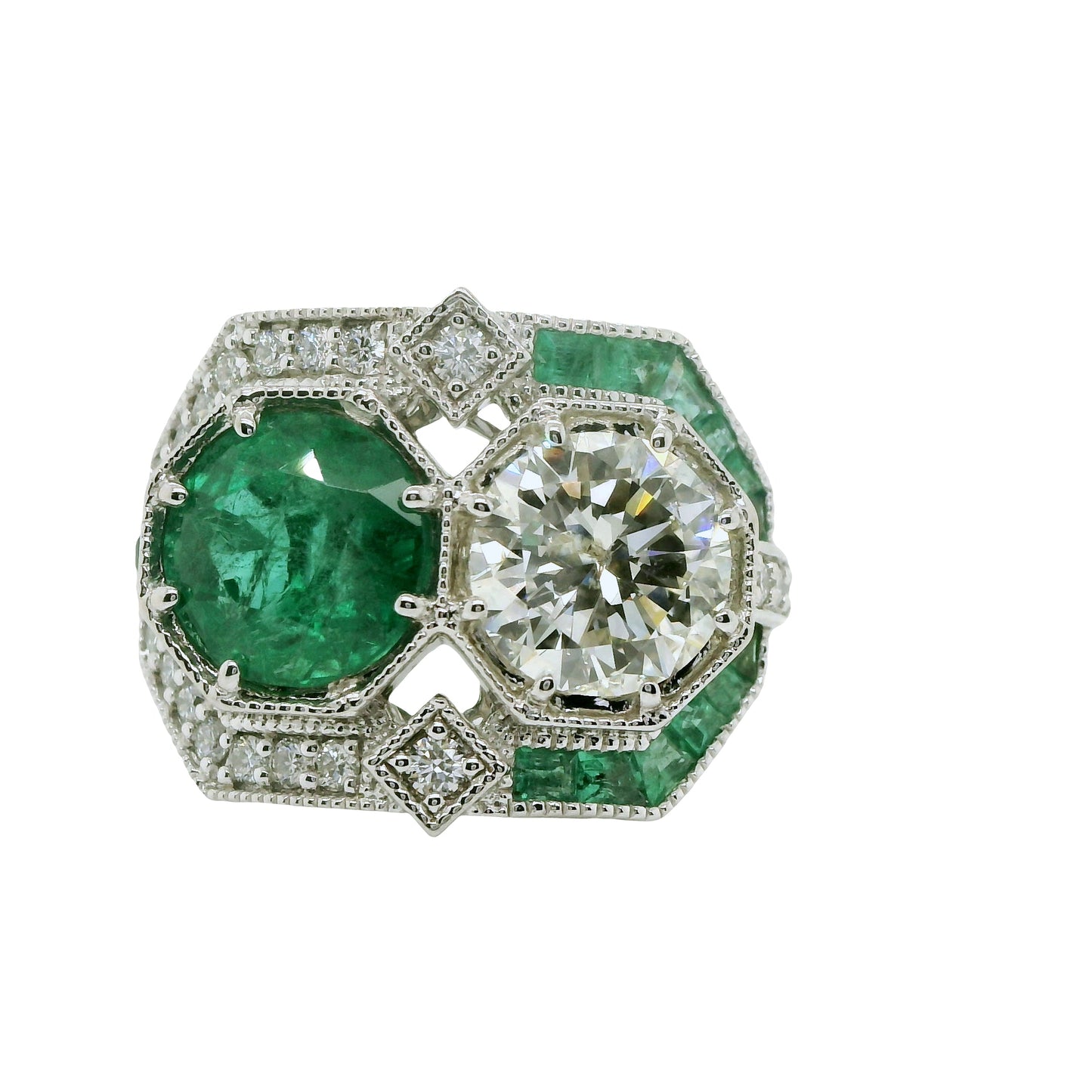 Natural Round Diamonds and Green Emeralds Cocktail Ring, in White Gold