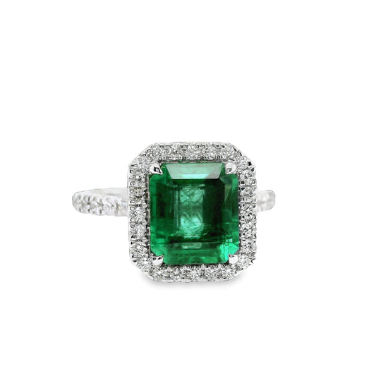 2.75 ct.t.w. Natural Green Emerald and Diamond Bridal Halo Ring, in White Gold