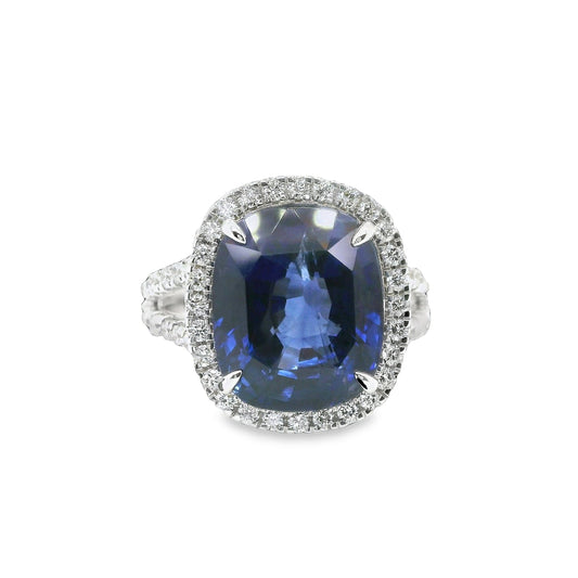 9.89 ct.t.w. Natural Heated Ceylon Sapphire and Diamond Bridal Halo Ring, in White Gold