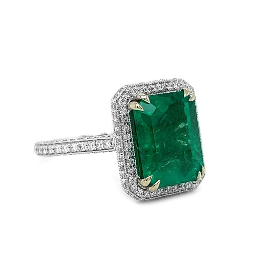Natural Mined Emerald and Round Diamond Bridal Ring White Gold