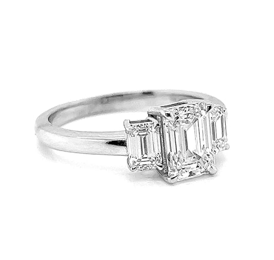 Natural Emerald Cut Diamond Bridal 3 Stone Ring, in White Gold