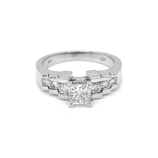 Natural Princess Cut Diamonds Bridal Ring, in White Gold
