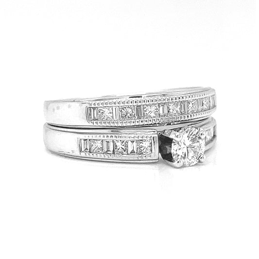 Natura Round Princess and Baguette Diamond Bridal Set Ring, in White Gold