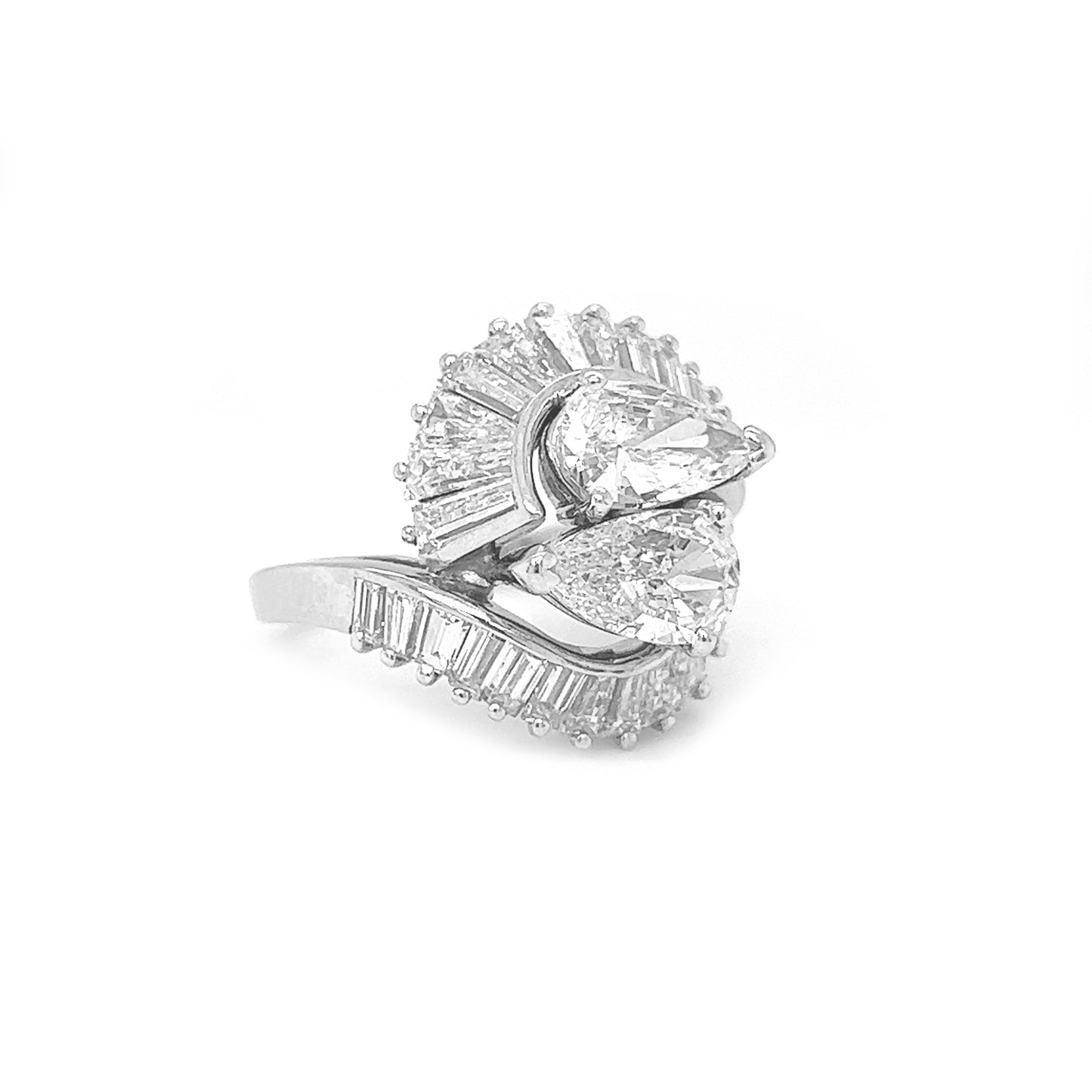 Natural Mined Pear Shaped and Baguette Diamond Yin Yang Art Deco Cocktail Ring Platinum