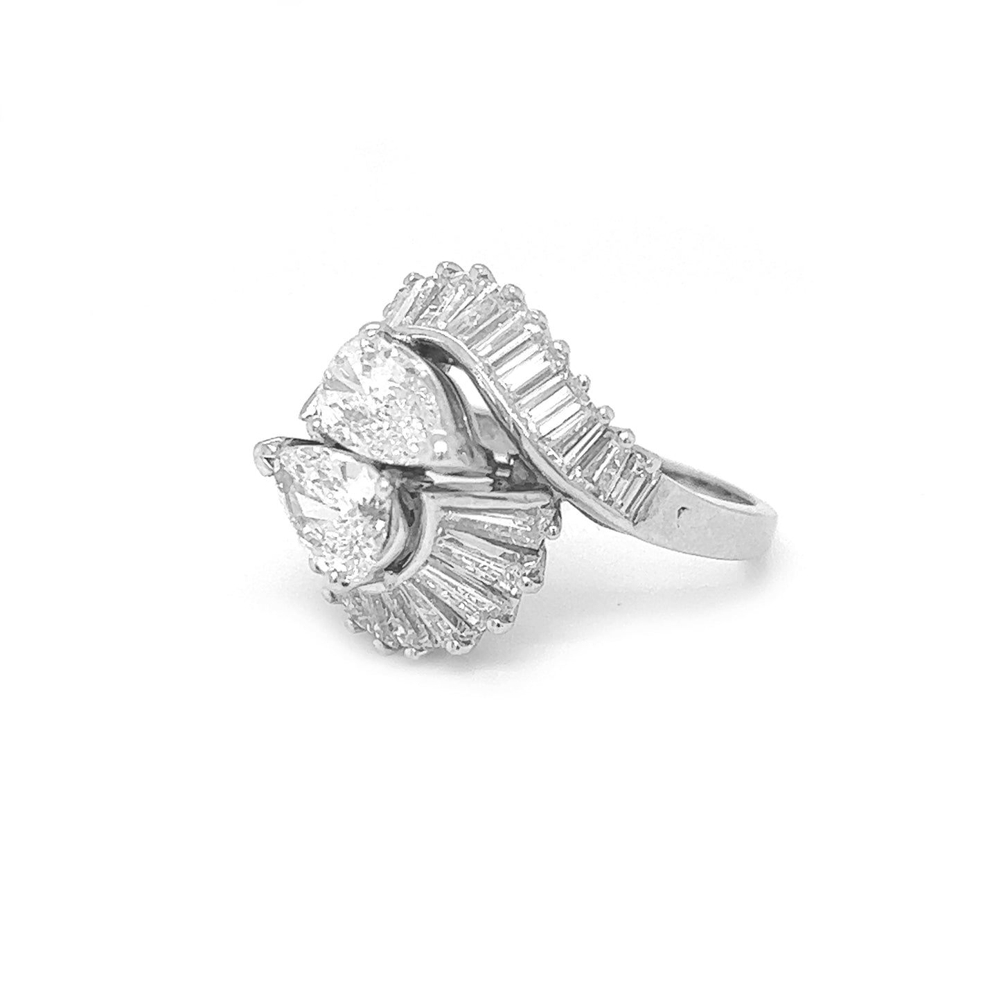 Natural Mined Pear Shaped and Baguette Diamond Yin Yang Art Deco Cocktail Ring Platinum