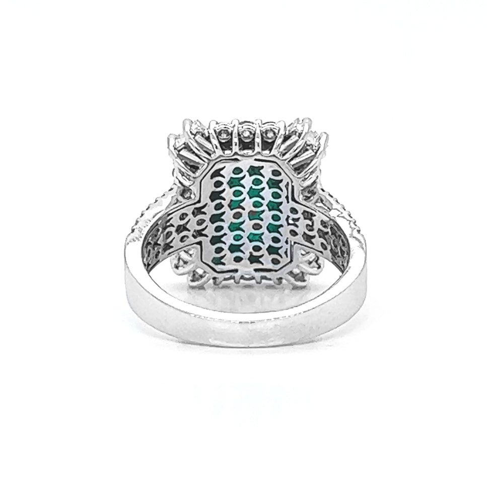 Natural Emerald and Diamond Halo Art Deco Cocktail Ring, in White Gold