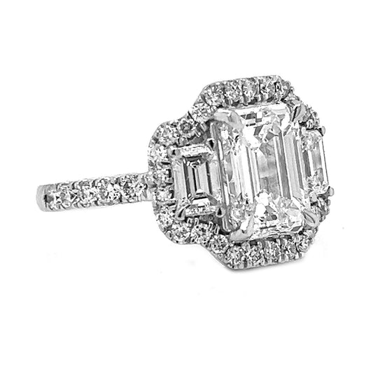 Natural Emerald Cut Diamond 3 Stone Halo Ring, in White Gold