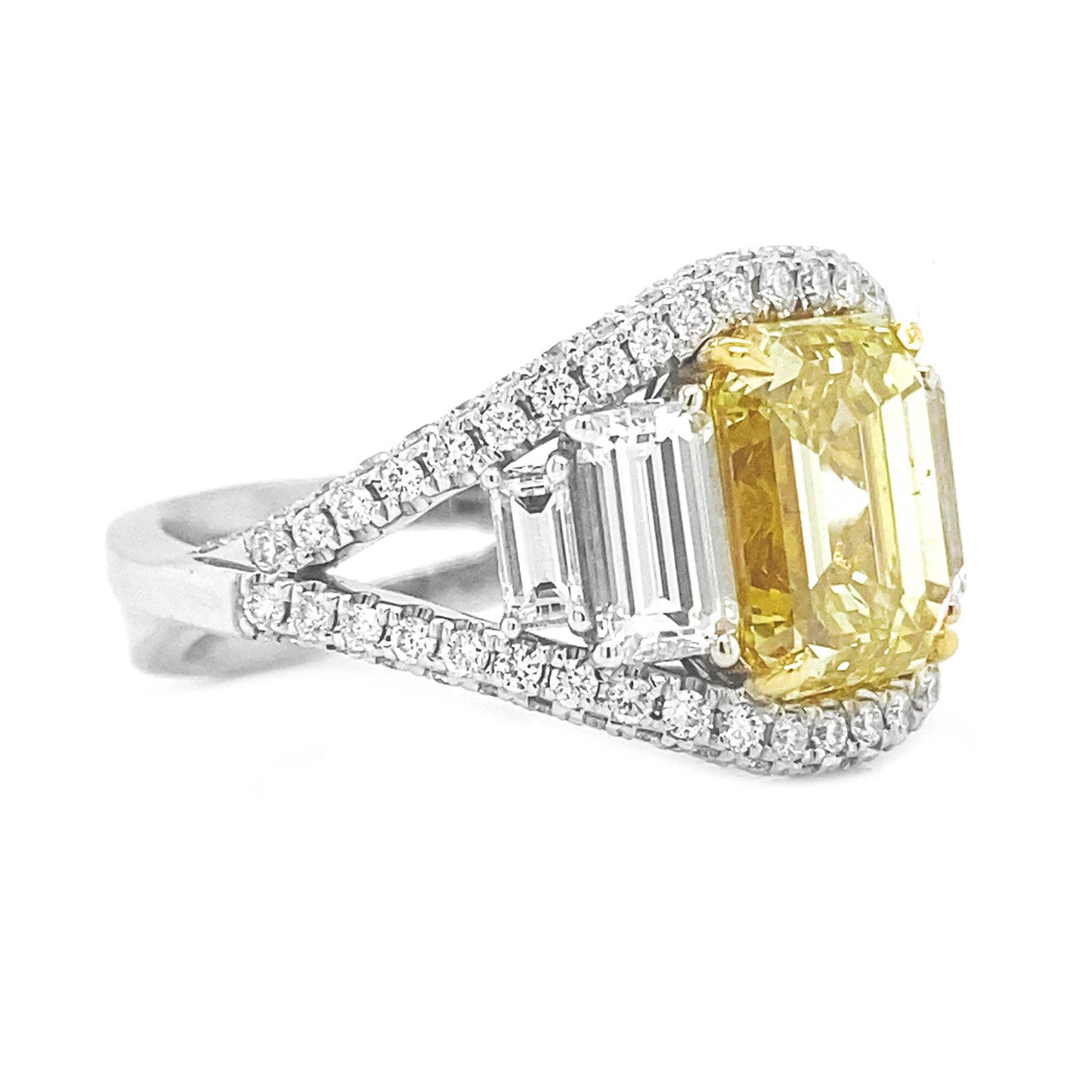 Natural Emerald Cut Fancy Yellow Diamond Halo Ring, in White Gold