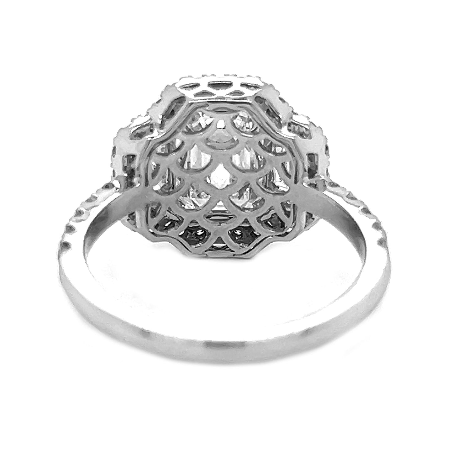 Natural Emerald Cut Diamond 3 Stone Halo Ring, in White Gold