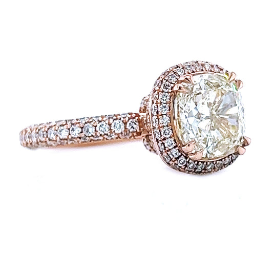 Natural Cushion Diamond Halo Art Deco Ring, in Rose Gold